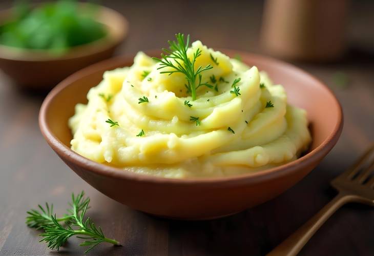 Homemade Mashed Potatoes with Dill in an Artisan Clay Bowl